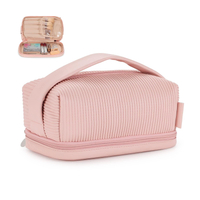 Bolsa de maquillaje con compartimento para brochas de viaje de doble capa de gran capacidad para mujer, bolsa de cosméticos rosa portátil para baño