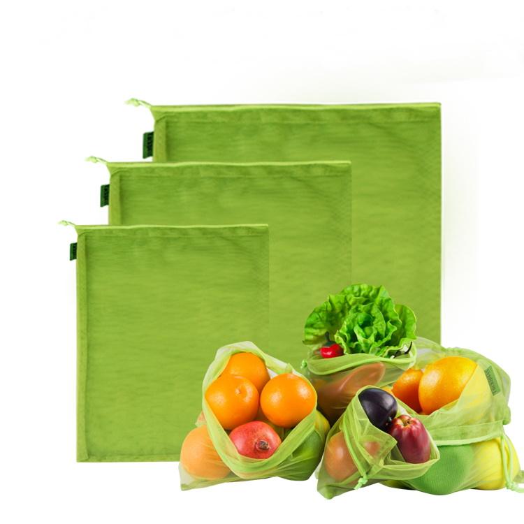 LFGB certificó Eco reciclado RPET Verduras Bolsas de compras Cadena Bolsa de productos de malla reutilizable