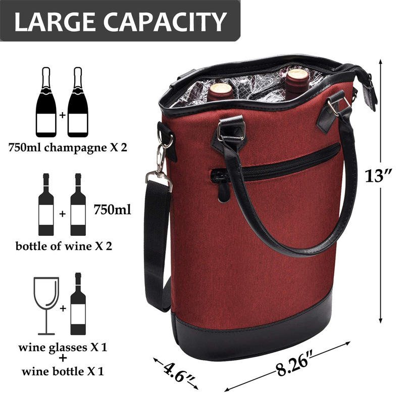 Logotipo personalizado de fábrica, nueva bolsa de regalo de vino doble portátil refrigerada de papel de aluminio, bolsa de aislamiento de vino tinto, bolsa enfriadora de champán