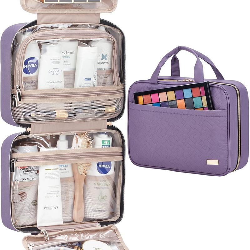 Bolsas de cosméticos colgantes de poliéster impermeables de color púrpura, neceser de viaje, organizador de maquillaje, soporte de almacenamiento con gancho para colgar