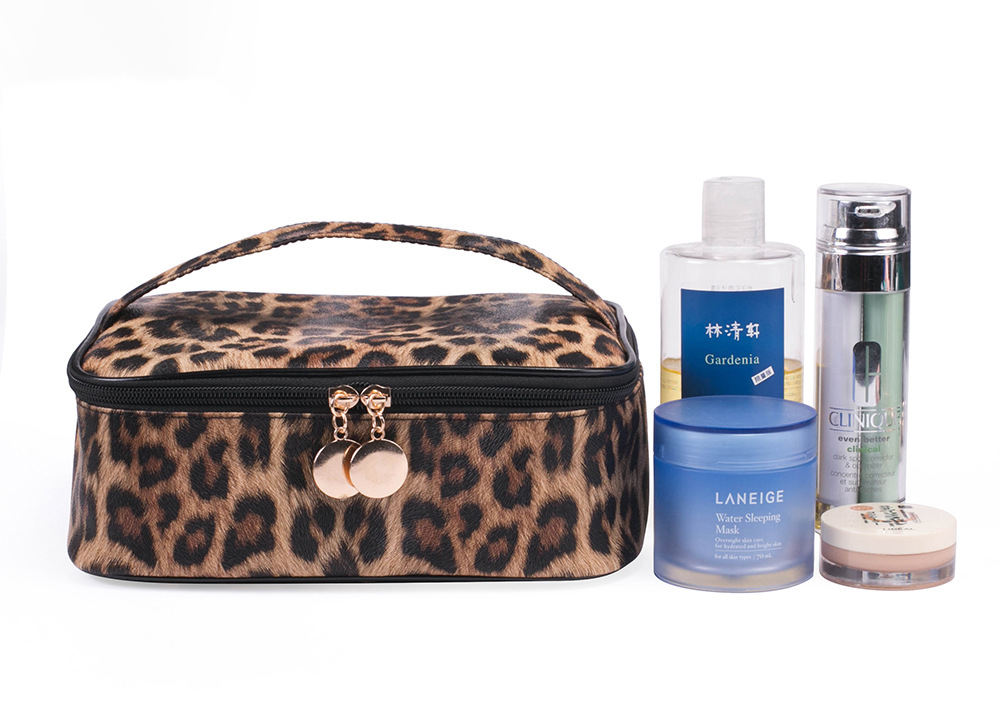 Nueva bolsa de cosméticos promocional personalizada, bolsas de cosméticos de viaje para mujer con bolsa de cosméticos de grano de leopardo