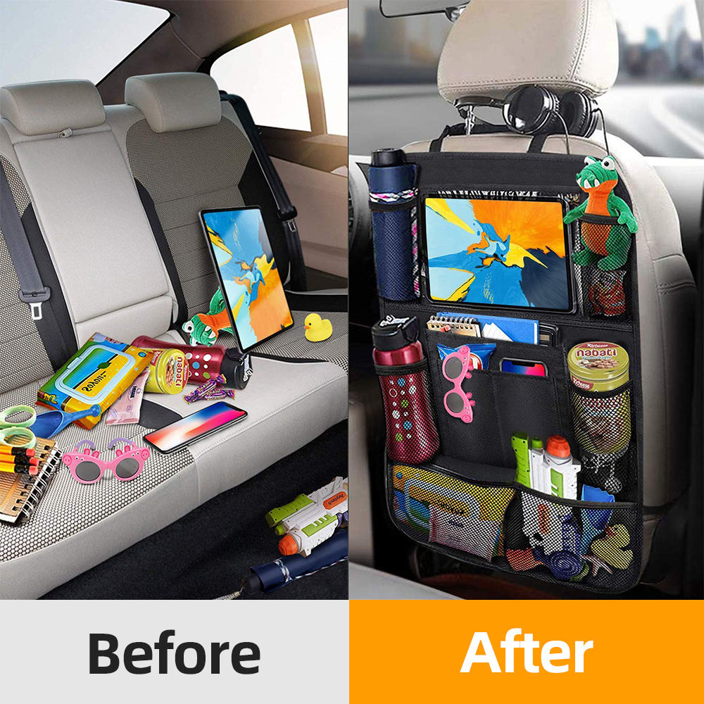 Organizador de asiento trasero de coche con soporte para tableta con pantalla táctil, Protector de asiento trasero de coche, alfombrillas, bolsa de almacenamiento de viaje para niños