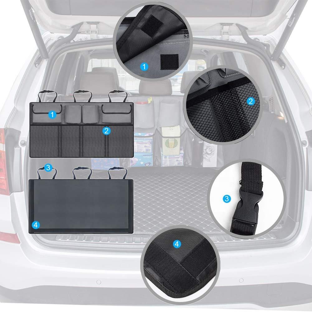 Organizador de almacenamiento de asiento de maletero de coche de cuero multibolsillo plegable para SUV net colgante organizador de coche asiento trasero