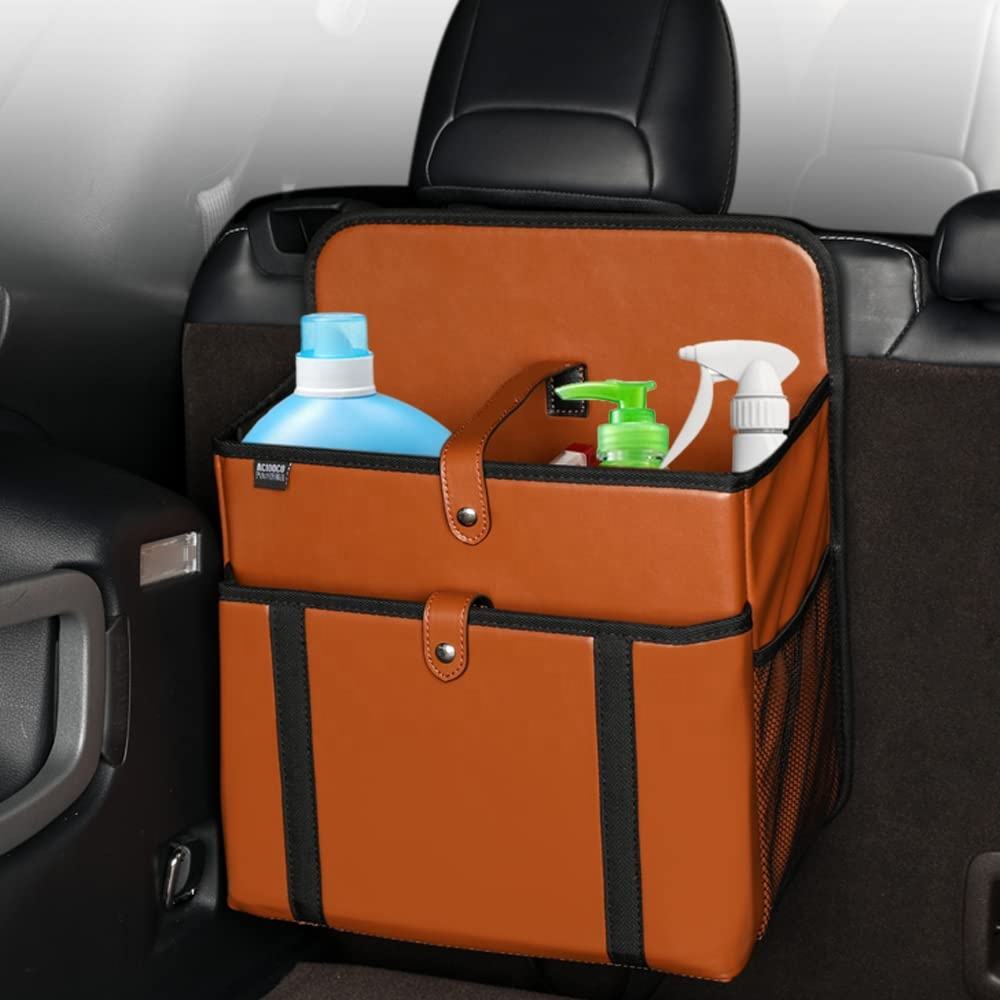 Organizador de almacenamiento de cuero para asiento trasero de coche plegable con múltiples bolsillos, portavasos, organizador de maletero de coche de viaje, caja grande