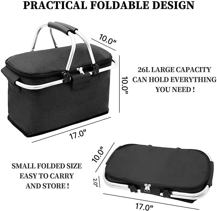 Plegable Picnic Cooler Basket Sublimation Lunch Bag Bolsa de entrega de alimentos aislada con mango de aluminio