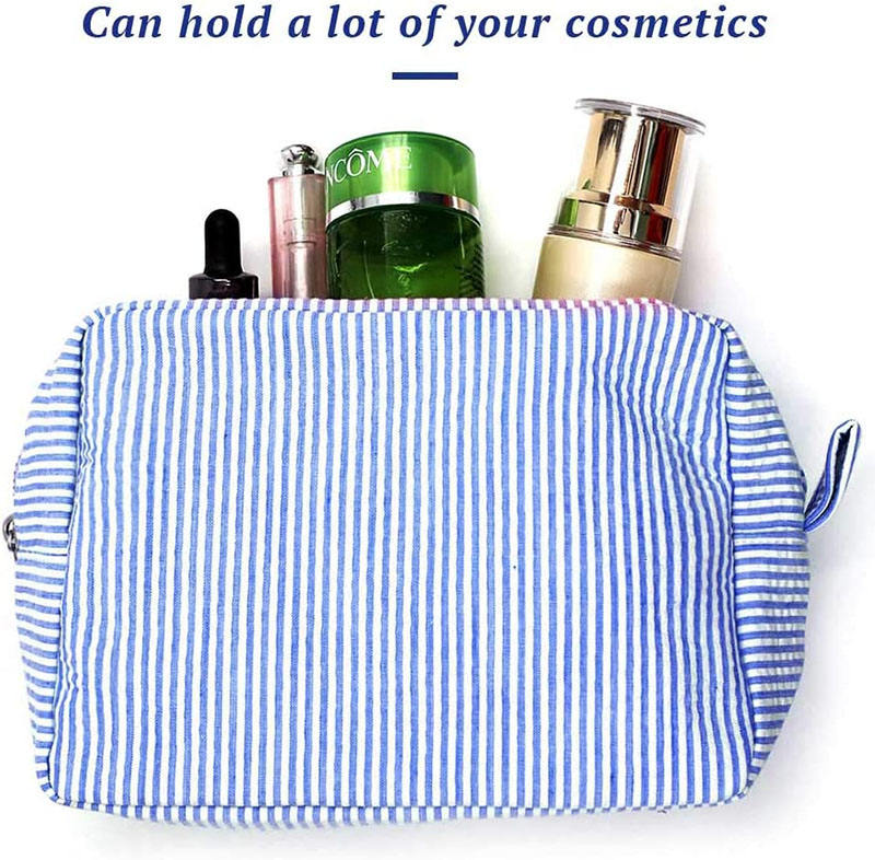 Venta al por mayor de bolsas de cosméticos con asa portátil, bolsa de maquillaje de alta calidad, bolsa de viaje para mujer, bolsa de maquillaje Seersucker