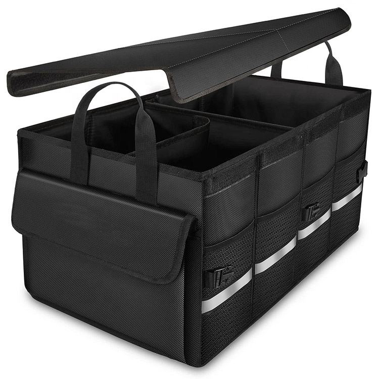 Organizador de maletero de coche duradero de varios compartimentos con cubierta caja organizadora de asiento trasero de maletero resistente