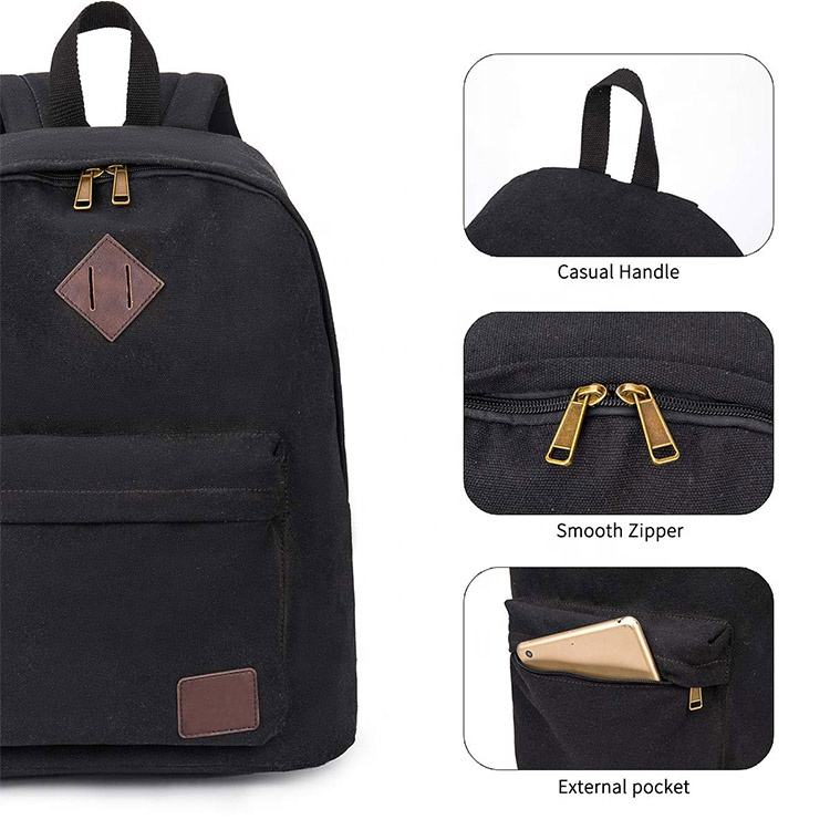 Mochila plegable de algodón de lona negra multifuncional, bolsa de viaje para portátil duradera, mochila para hombres para la universidad