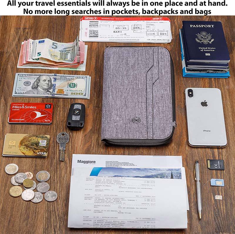 Organizador de documentos de viaje familiar grande de primera calidad, billetera con porta pasaporte resistente al agua protegida por RFID personalizada