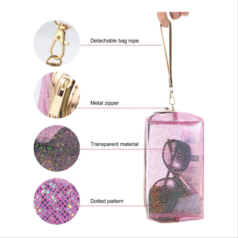 Bolsa de maquillaje de PVC transparente con impresión de logotipo personalizado, bolsa de viaje con soporte para brochas de maquillaje rosa con purpurina cosmética