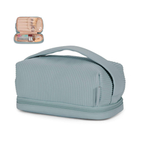 Bolsa de maquillaje con compartimento para brochas de viaje de doble capa para mujer, maquillaje para baño, bolsa de cosméticos portátil azul de gran capacidad