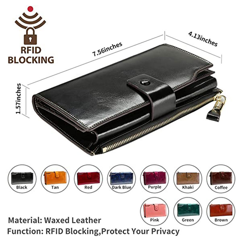 Billeteras con muletas de cuero pu plegables con bloqueo de rfid para mujer, cartera larga con múltiples tarjetas de gran capacidad