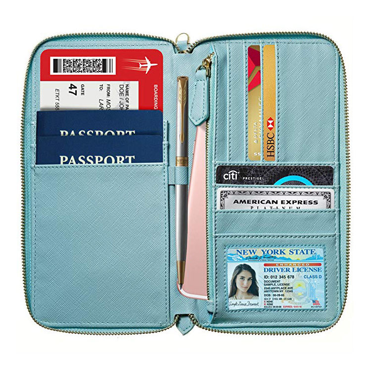 Cartera de cuero con bloqueo rfid para tarjeta de crédito impermeable de viaje para mujer