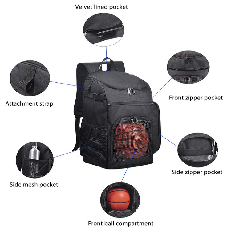 Mochila negra duradera personalizada para escuela universitaria, mochila deportiva para baloncesto y fútbol para hombres