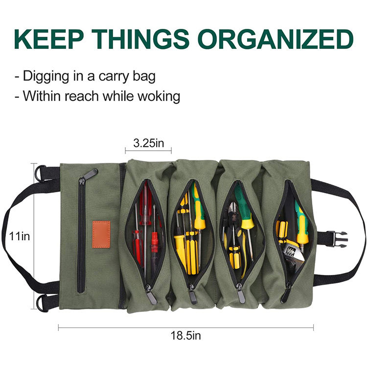 Bolsa de herramientas enrollable de lona resistente con varios bolsillos, organizador de almacenamiento de herramientas con llave de mano para colgar