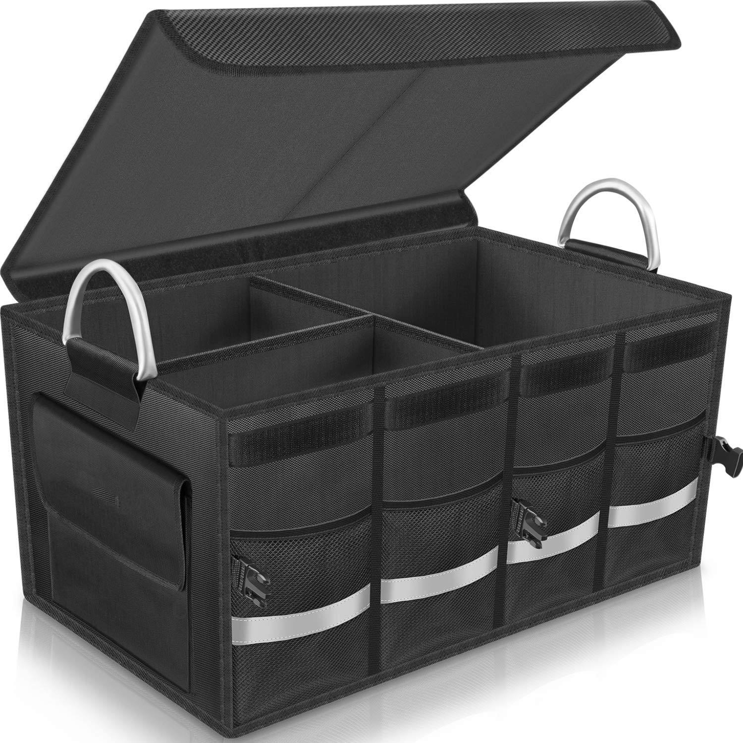 Organizador de carga para maletero, almacenamiento duradero, múltiples compartimentos plegables con mango de aleación de aluminio, tira reflectante