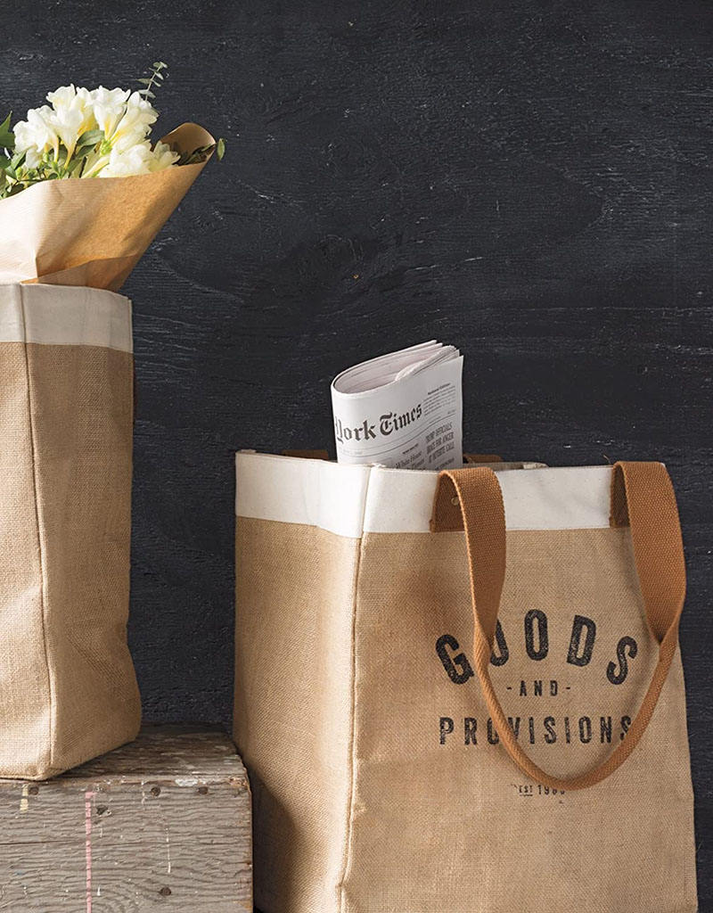 Bolsa de compras reutilizable de yute natural multiusos con asas largas de cuero para mujer