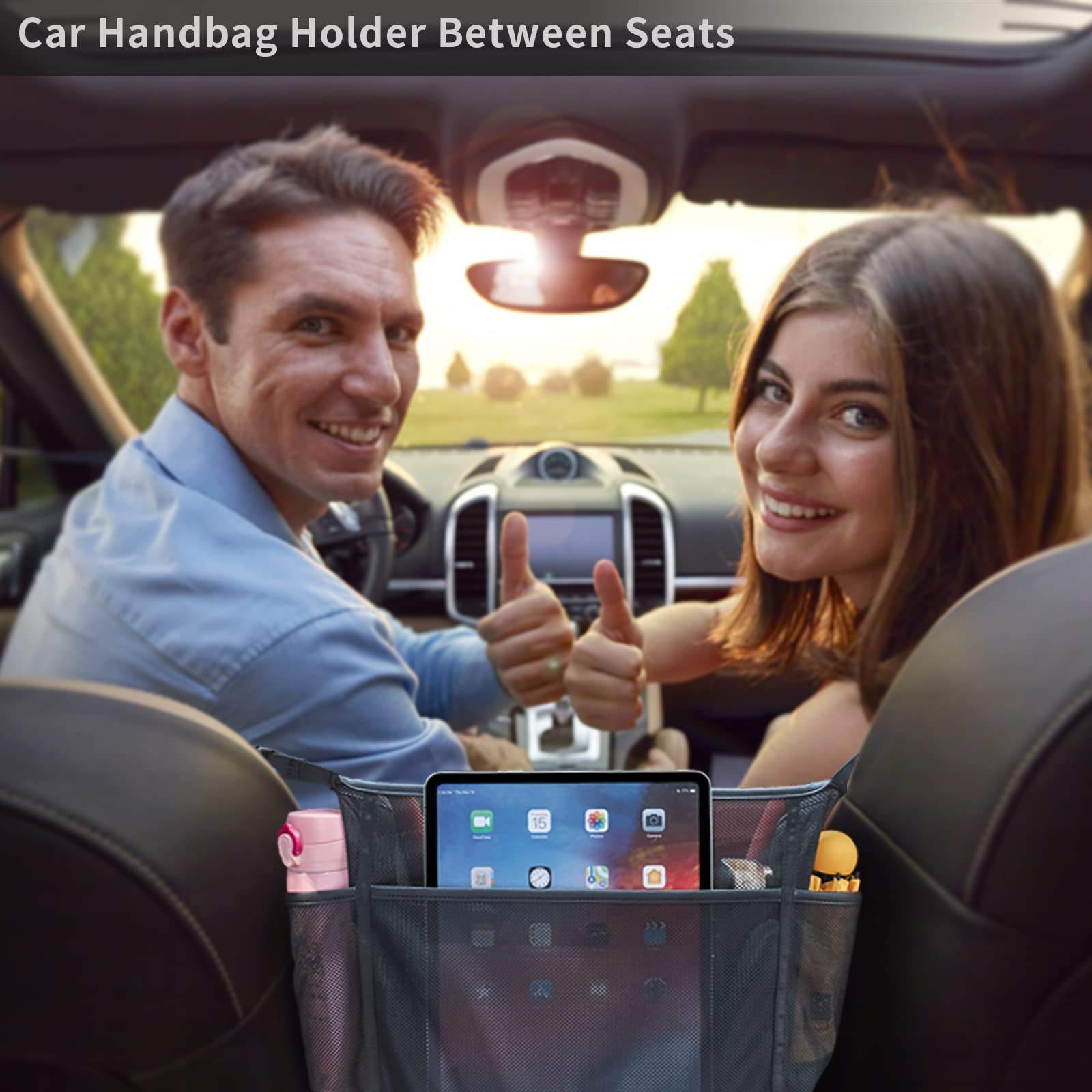 Soporte de bolso de bolsillo de red para coche entre asientos, organizador de almacenamiento trasero, soporte de monedero para consola, barrera de almacenamiento de asiento delantero