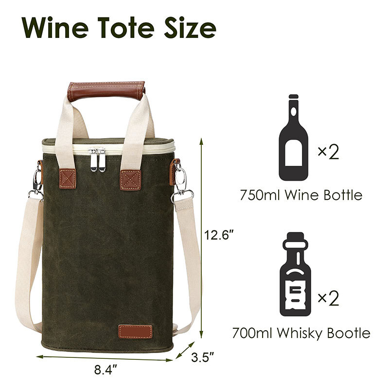 Venta al por mayor, lona de cera resistente, botella de vino portátil, bolsa de refrigeración aislada, bolsa de asas de regalo de vino personalizada de lujo