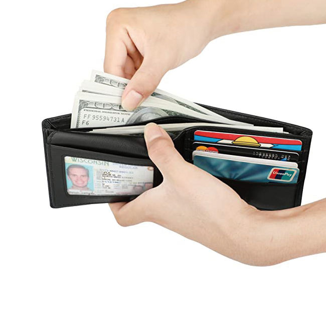 Billetera personalizada con bloqueo RFID para hombre, billetera delgada de bolsillo frontal de cuero suave de alta calidad