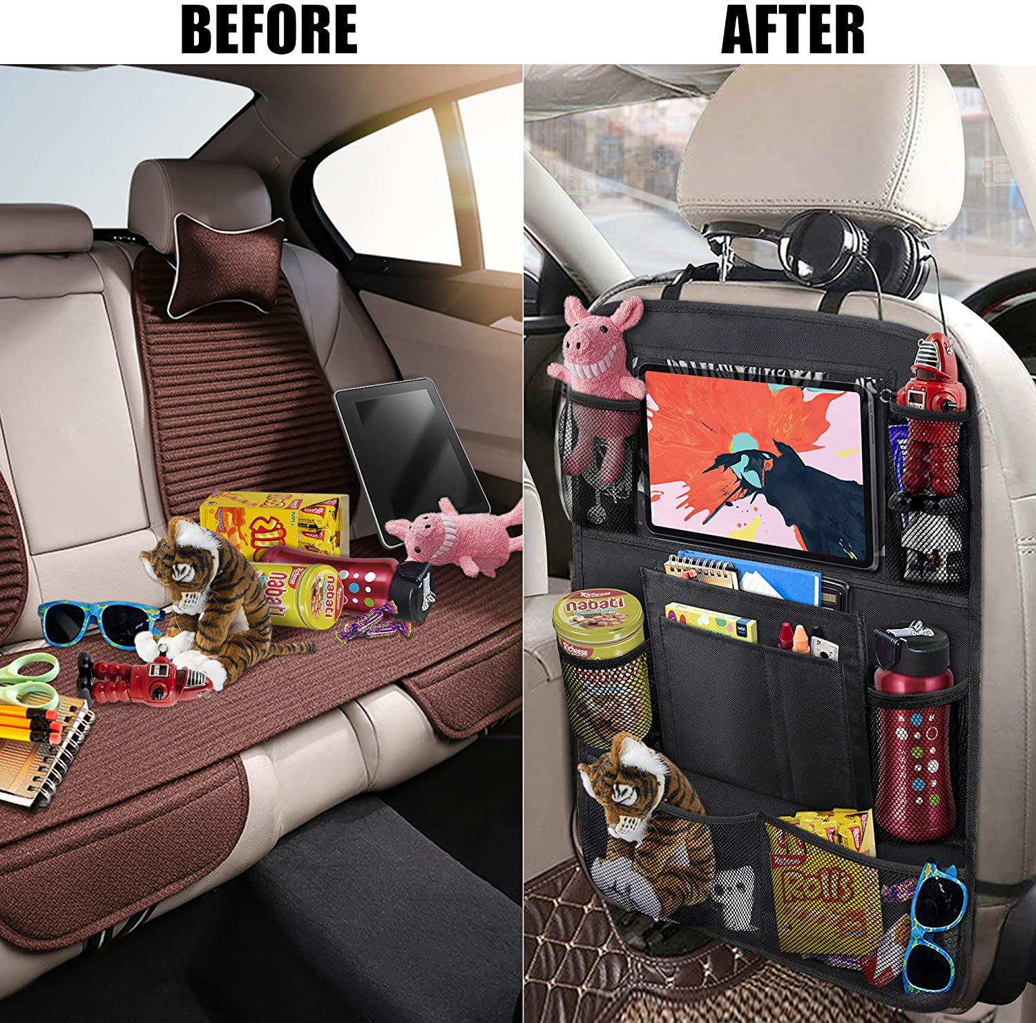 Organizador de almacenamiento para asiento trasero de coche, asiento delantero con soporte para tableta con pantalla táctil, organizador de bolsillo para asiento de coche para niños