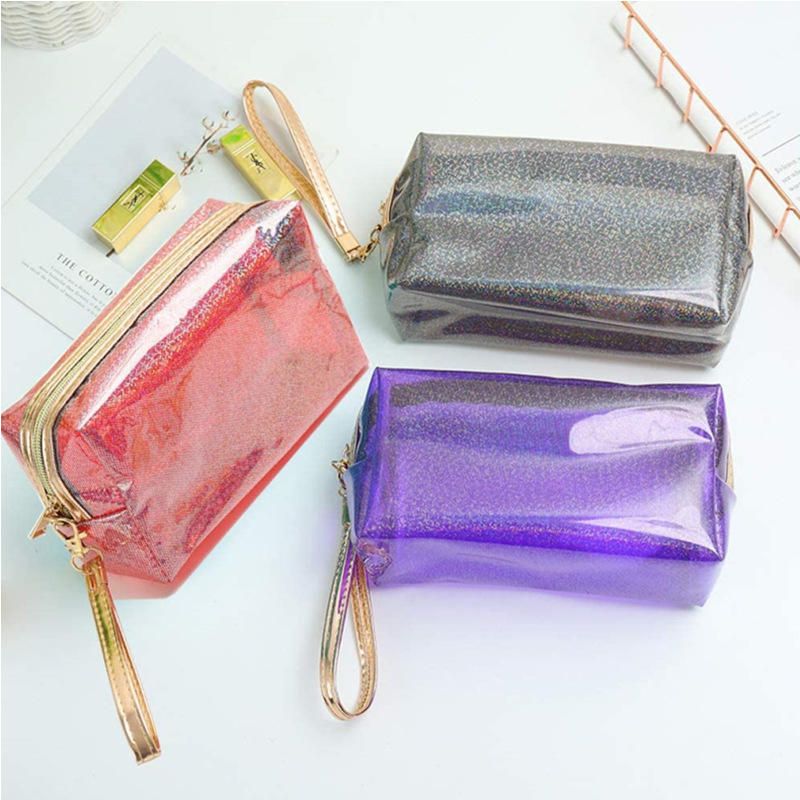 Bolsa de maquillaje de PVC transparente con impresión de logotipo personalizado, bolsa de viaje con soporte para brochas de maquillaje rosa con purpurina cosmética