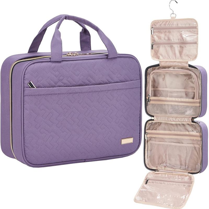 Bolsas de cosméticos colgantes de poliéster impermeables de color púrpura, neceser de viaje, organizador de maquillaje, soporte de almacenamiento con gancho para colgar