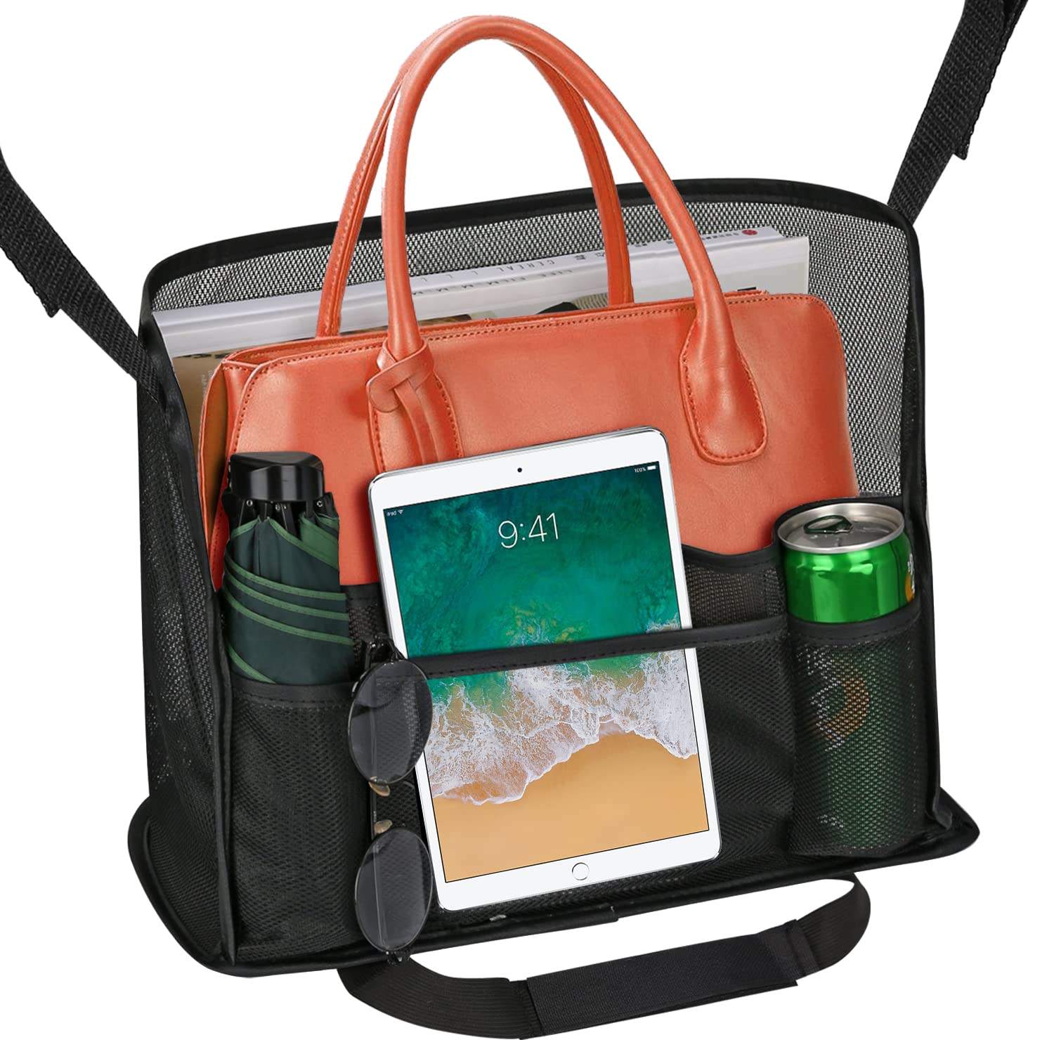 Bolsa de viaje duradera, bolso de mano de bolsillo de red suv de malla personalizada, soporte para monedero, organizador de coche entre asientos