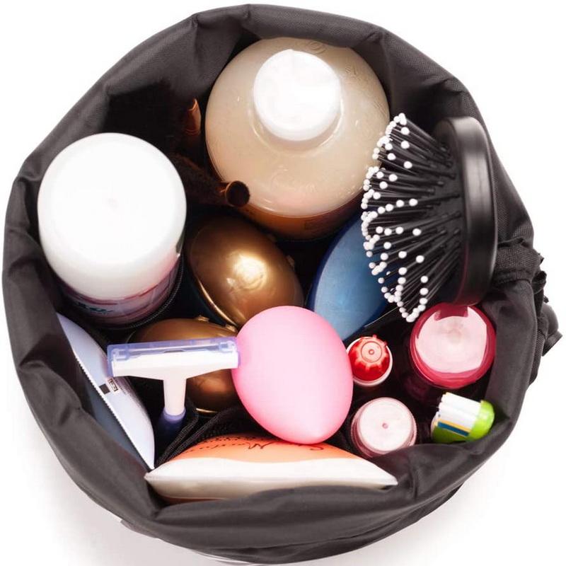 Bolsa de cosméticos redonda de poliéster con Logo de etiqueta privada portátil, bolsas con cordón de maquillaje, organizador de artículos de tocador, Kit de maquillaje para viajar