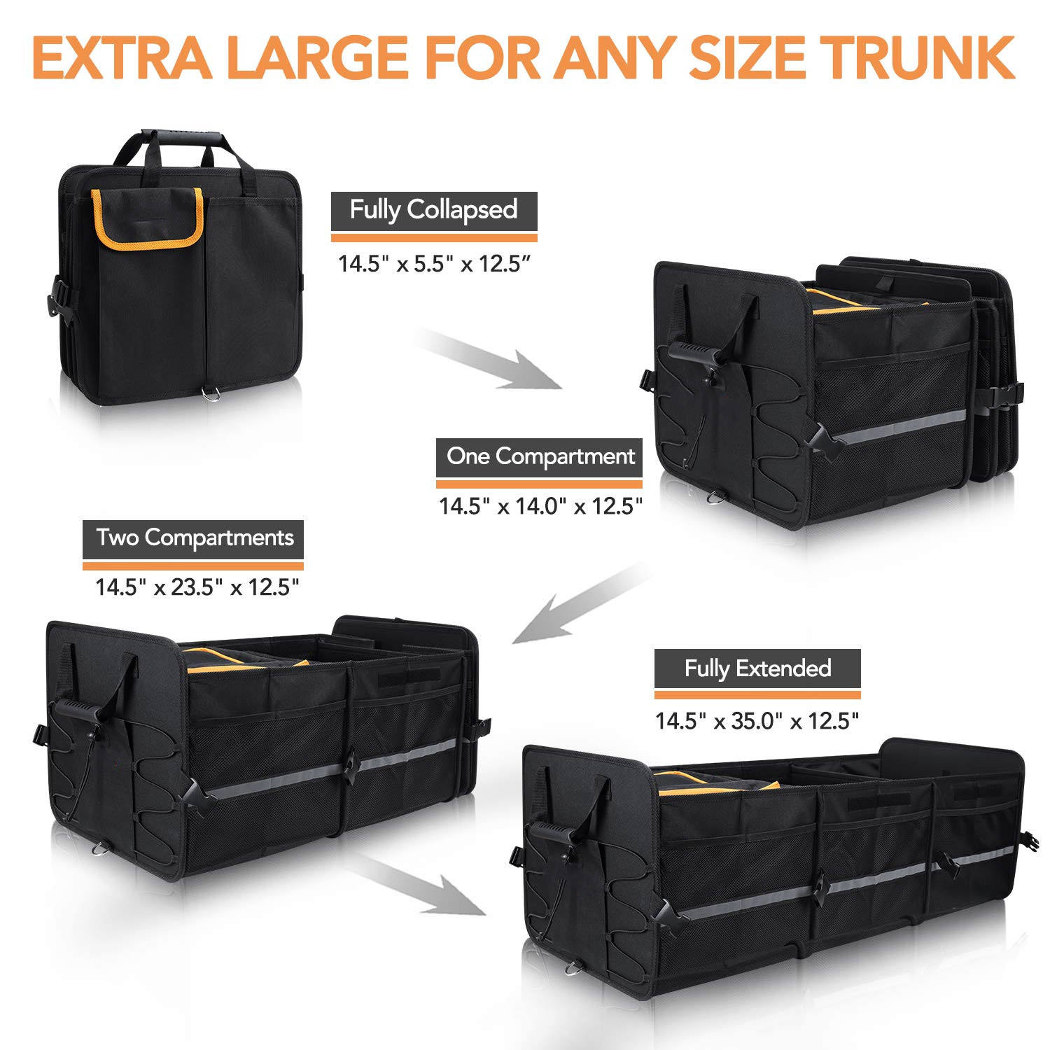 Organizador de maletero grande personalizado con correas de amarre, divisores extraíbles, construido con tablero de PE de 2 mm