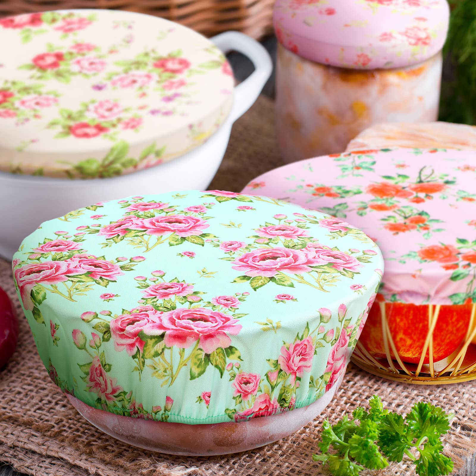Cubiertas de tazón reutilizables de estilo floral personalizadas Cubiertas elásticas de almacenamiento de alimentos Cubiertas de pan de algodón Tapas para alimentos, frutas